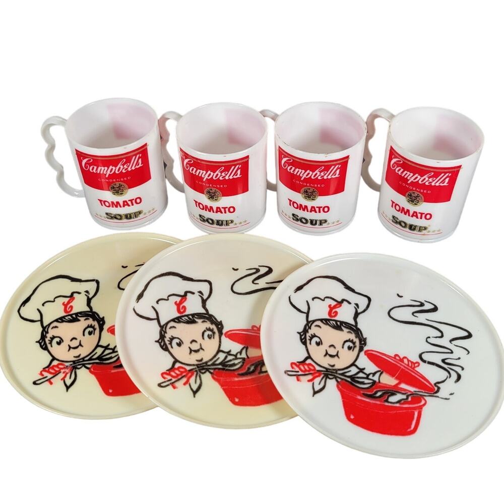 Vintage Campbell’s Soup Playset Cups and Plates Set of 7 (4 Cups, 3 Plates)
